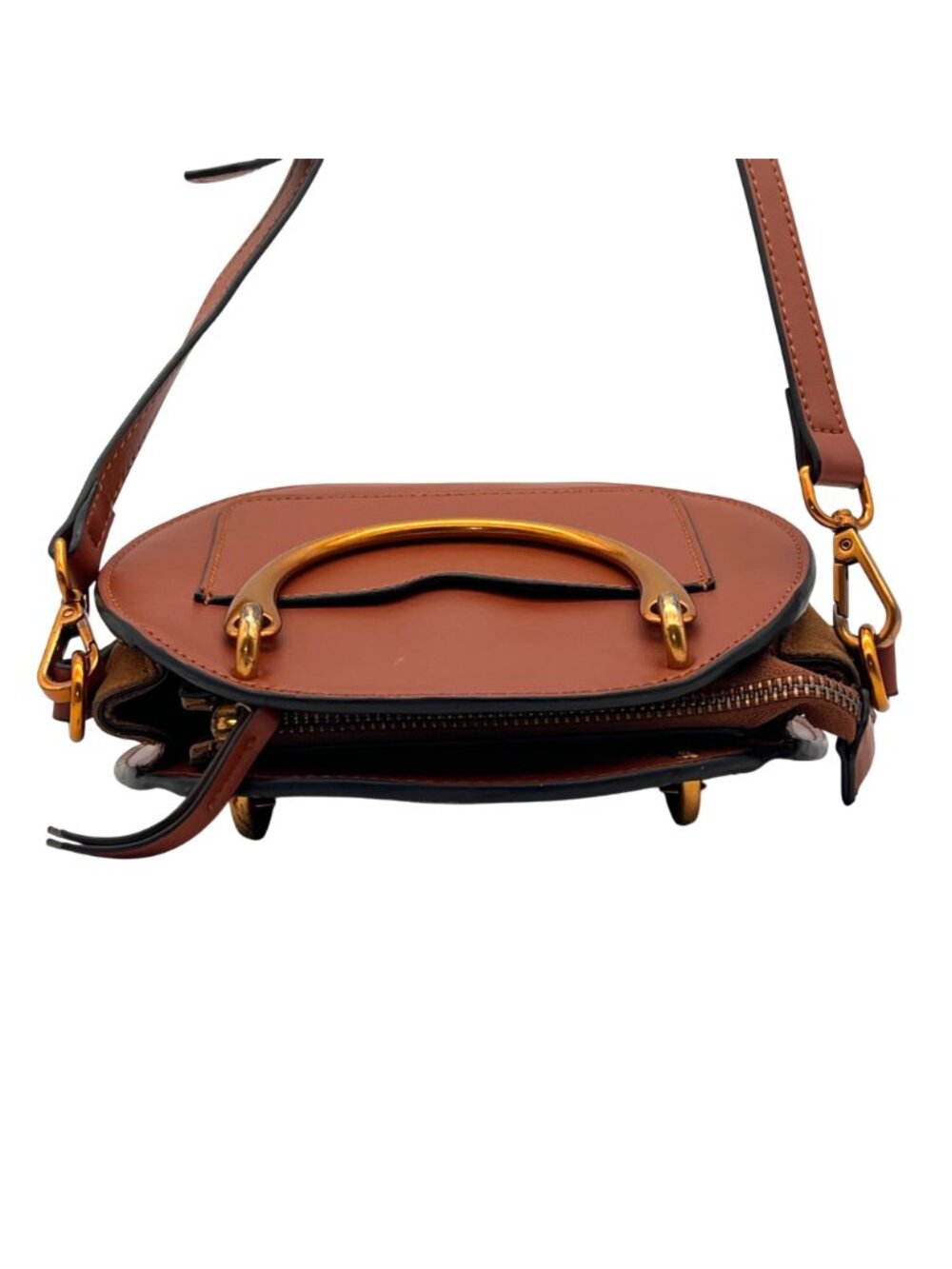 Round Leather Crossbody Bag With Gold Handles And Adjustable Strap Brown & Suede - Picture 5 of 14